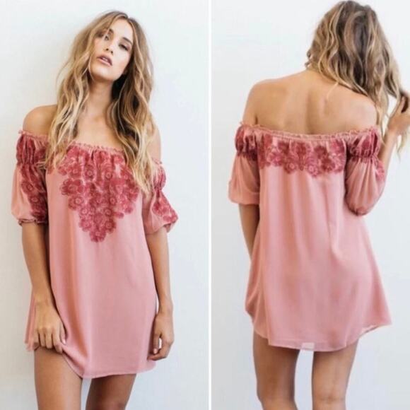 For Love & Lemons Sicily Pink Rosette Off the Shoulder Mini Dress in Sangria S - Picture 1 of 10